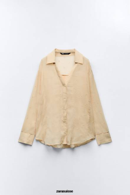 Zara vêtements P66V294 femmes chemise brodée semi-transparente beige
