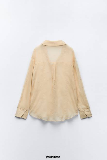 Zara vêtements P66V294 femmes chemise brodée semi-transparente beige
