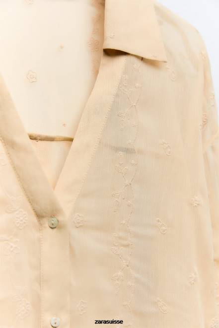 Zara vêtements P66V294 femmes chemise brodée semi-transparente beige