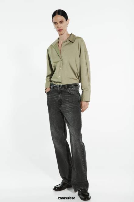 Zara vêtements P66V297 femmes chemise en popeline kaki clair