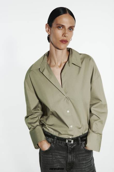 Zara vêtements P66V297 femmes chemise en popeline kaki clair
