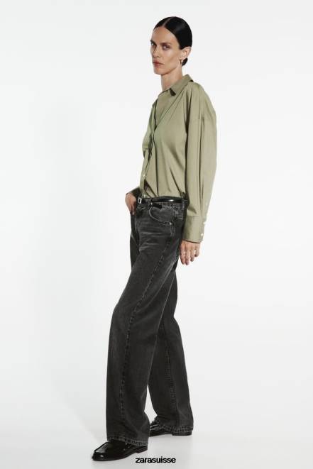 Zara vêtements P66V297 femmes chemise en popeline kaki clair