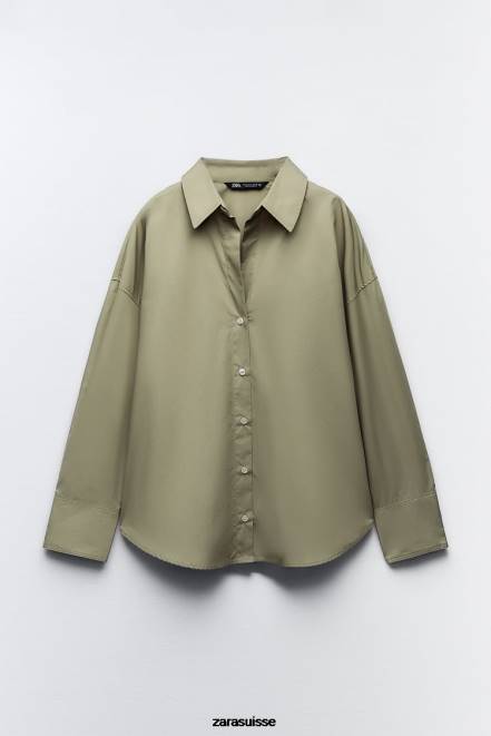 Zara vêtements P66V297 femmes chemise en popeline kaki clair