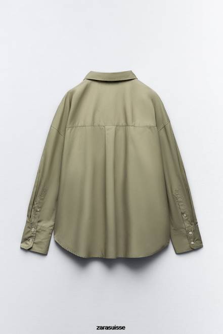 Zara vêtements P66V297 femmes chemise en popeline kaki clair
