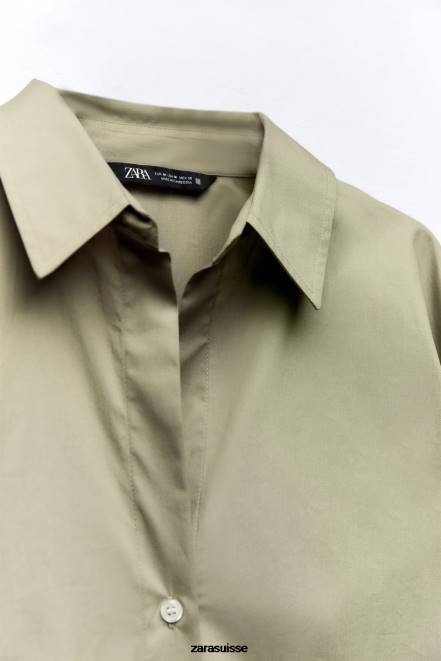 Zara vêtements P66V297 femmes chemise en popeline kaki clair