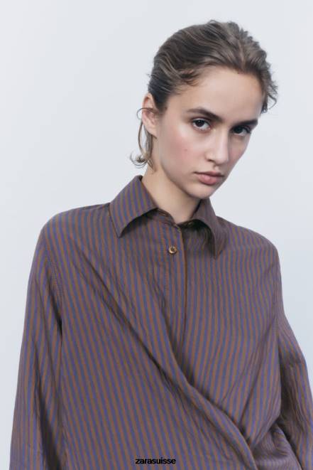 Zara vêtements P66V299 femmes zw collection chemise à rayures minimaliste multi/positionnelle marron/bleu