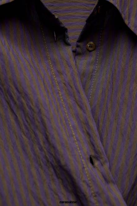 Zara vêtements P66V299 femmes zw collection chemise à rayures minimaliste multi/positionnelle marron/bleu