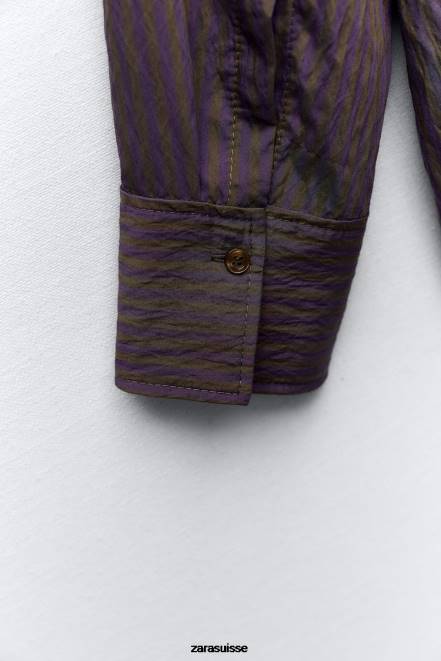 Zara vêtements P66V299 femmes zw collection chemise à rayures minimaliste multi/positionnelle marron/bleu