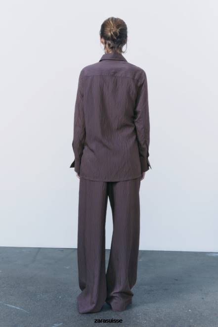 Zara vêtements P66V299 femmes zw collection chemise à rayures minimaliste multi/positionnelle marron/bleu