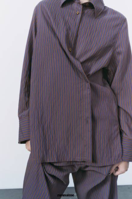 Zara vêtements P66V299 femmes zw collection chemise à rayures minimaliste multi/positionnelle marron/bleu