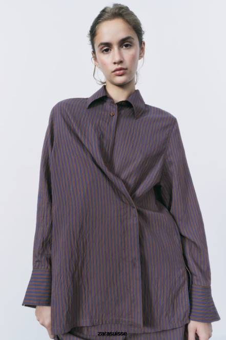 Zara vêtements P66V299 femmes zw collection chemise à rayures minimaliste multi/positionnelle marron/bleu