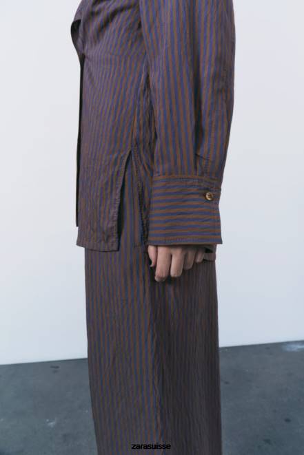 Zara vêtements P66V299 femmes zw collection chemise à rayures minimaliste multi/positionnelle marron/bleu