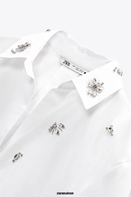 Zara vêtements P66V302 femmes chemise en popeline bijou blanc