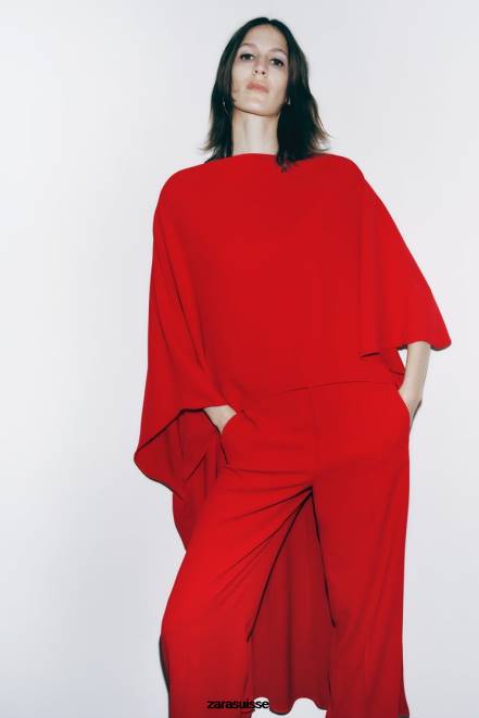 Zara vêtements P66V306 femmes blouse cape asymétrique rouge vif