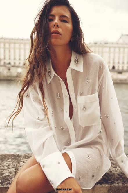 Zara vêtements P66V307 femmes chemise à bijoux brodés blanc d'huître
