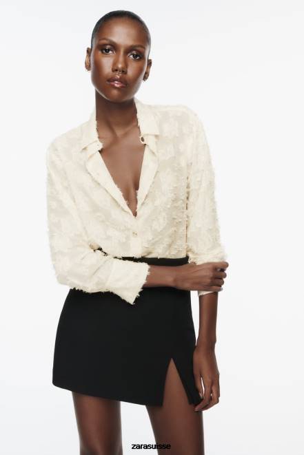 Zara vêtements P66V308 femmes chemise structurée à fleurs écru