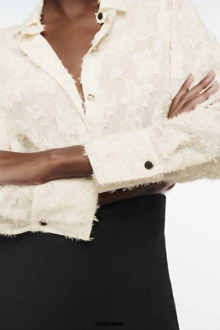 Zara vêtements P66V308 femmes chemise structurée à fleurs écru