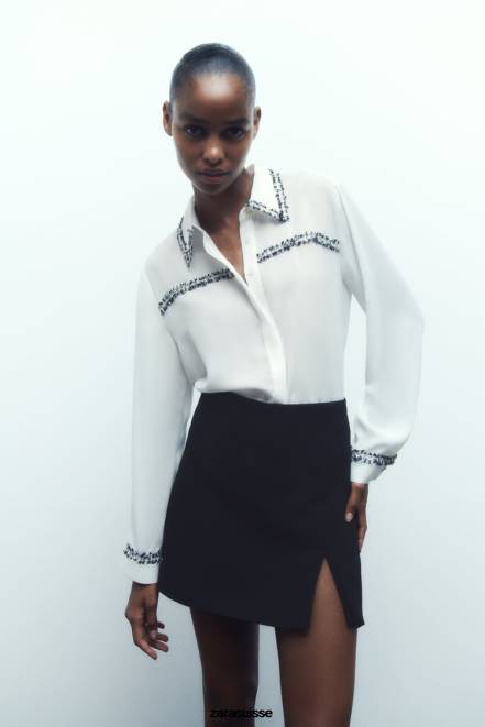 Zara vêtements P66V309 femmes chemise texturée combinée blanc d'huître