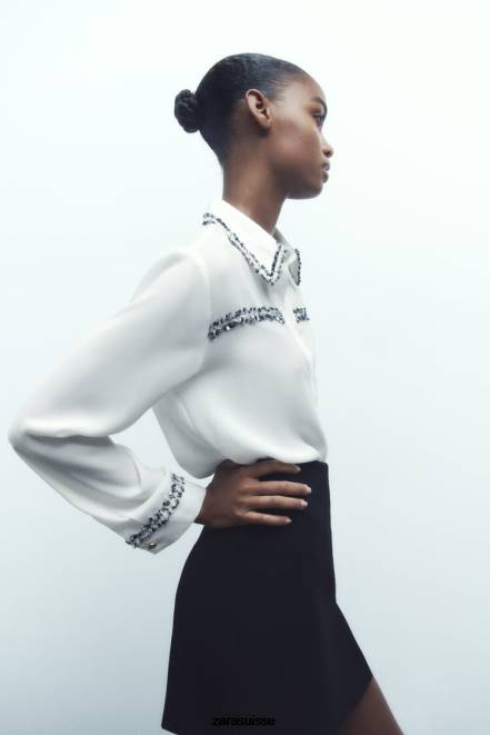 Zara vêtements P66V309 femmes chemise texturée combinée blanc d'huître