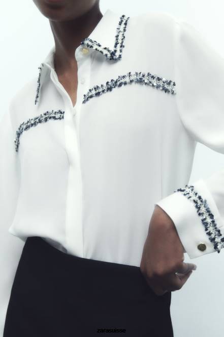 Zara vêtements P66V309 femmes chemise texturée combinée blanc d'huître