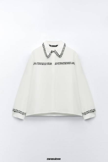 Zara vêtements P66V309 femmes chemise texturée combinée blanc d'huître
