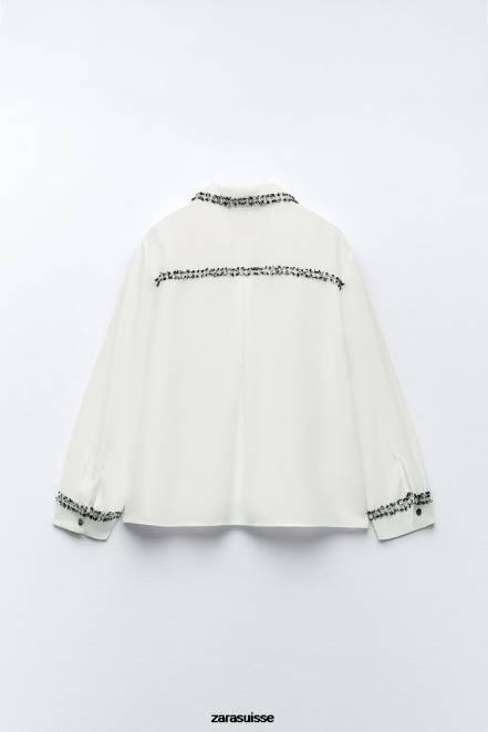 Zara vêtements P66V309 femmes chemise texturée combinée blanc d'huître