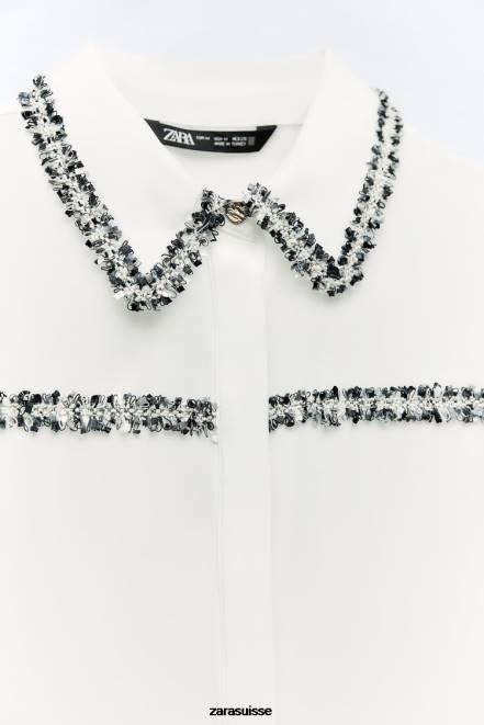 Zara vêtements P66V309 femmes chemise texturée combinée blanc d'huître