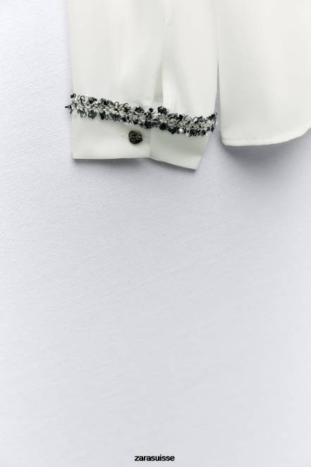 Zara vêtements P66V309 femmes chemise texturée combinée blanc d'huître