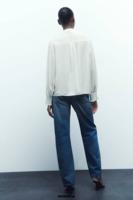 Zara vêtements P66V316 femmes chemise avec cravate contrastée blanc