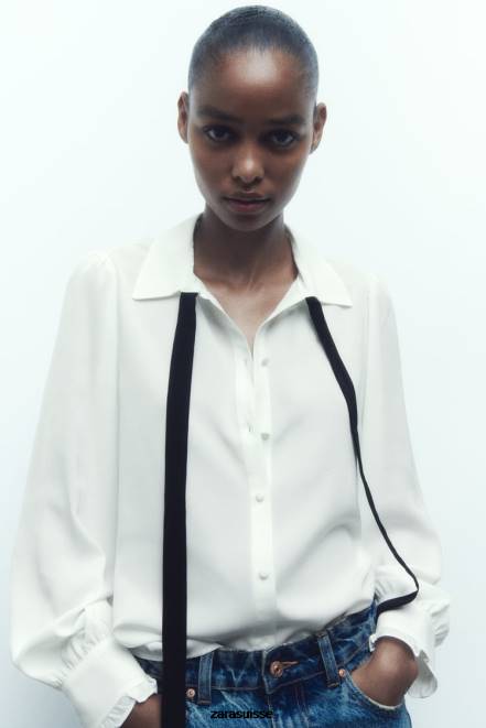 Zara vêtements P66V316 femmes chemise avec cravate contrastée blanc