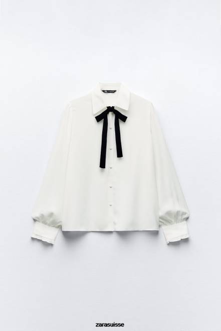 Zara vêtements P66V316 femmes chemise avec cravate contrastée blanc