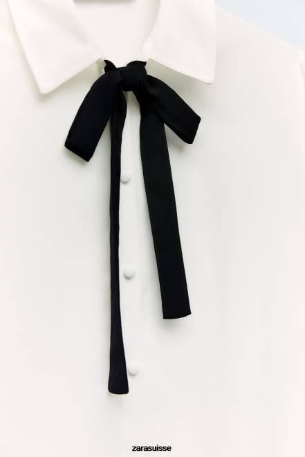 Zara vêtements P66V316 femmes chemise avec cravate contrastée blanc