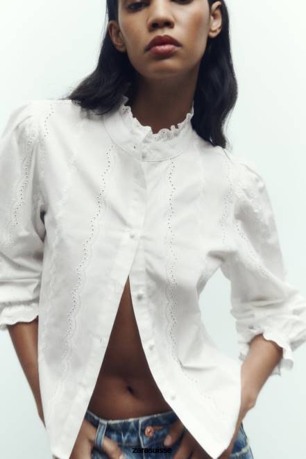 Zara vêtements P66V323 femmes chemise à broderies ajourées blanc