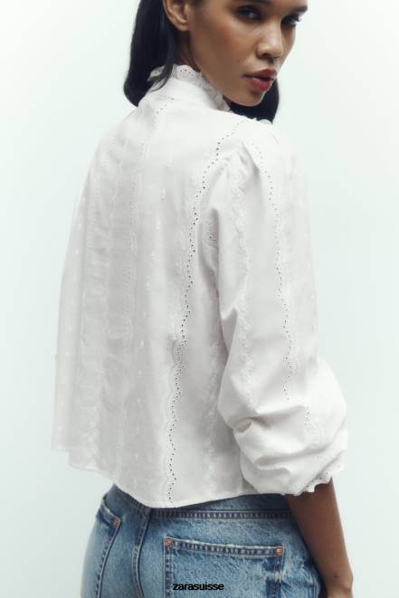 Zara vêtements P66V323 femmes chemise à broderies ajourées blanc
