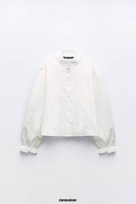 Zara vêtements P66V323 femmes chemise à broderies ajourées blanc