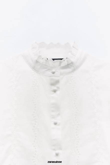 Zara vêtements P66V323 femmes chemise à broderies ajourées blanc