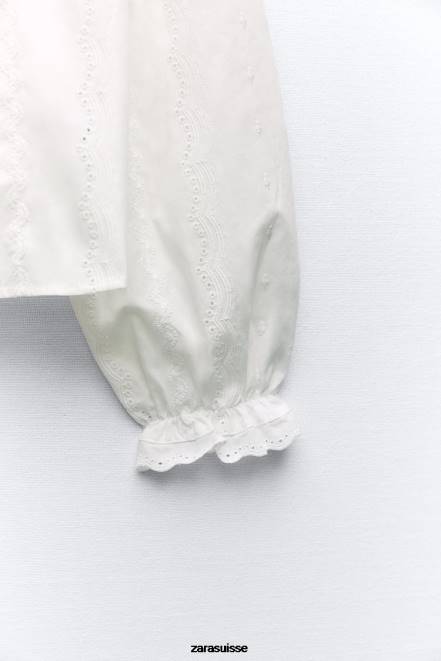 Zara vêtements P66V323 femmes chemise à broderies ajourées blanc