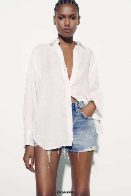 Zara vêtements P66V324 femmes chemise en lin boutonnée blanc