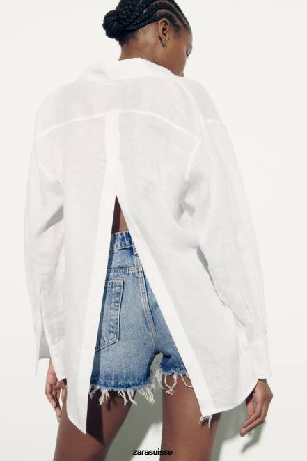 Zara vêtements P66V324 femmes chemise en lin boutonnée blanc