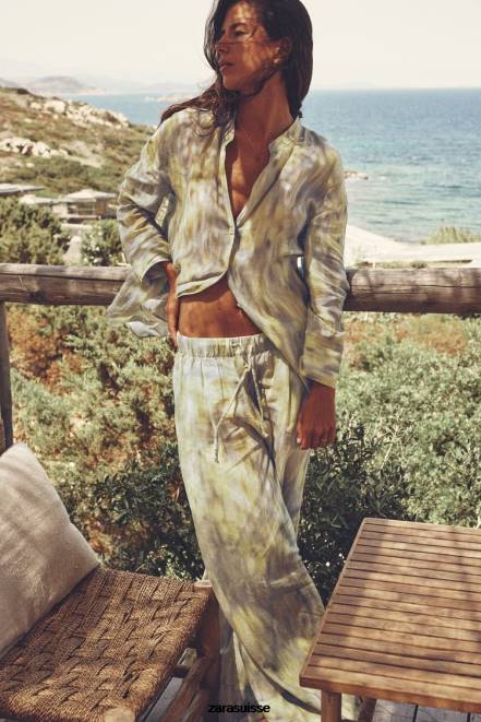 Zara vêtements P66V325 femmes blouse en ramie imprimée jaune