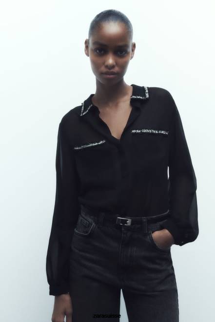 Zara vêtements P66V326 femmes chemise texturée combinée noir