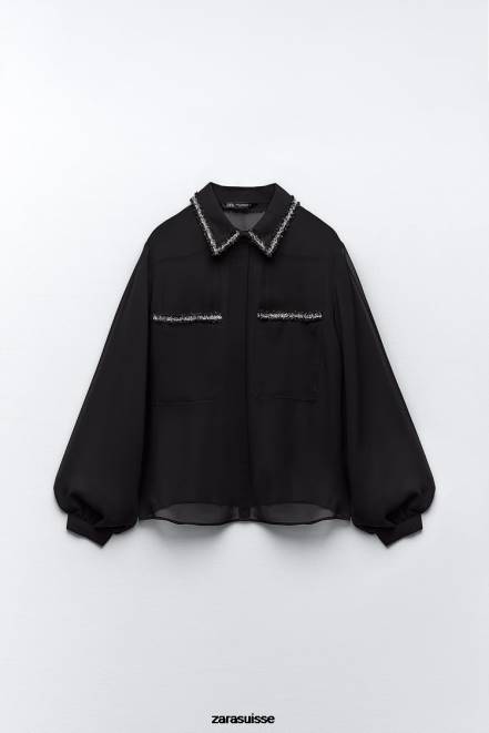 Zara vêtements P66V326 femmes chemise texturée combinée noir