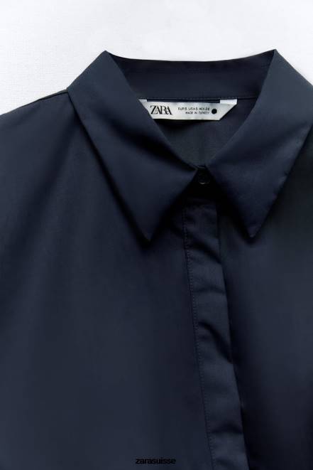 Zara vêtements P66V327 femmes chemise portefeuille en popeline bleu marine
