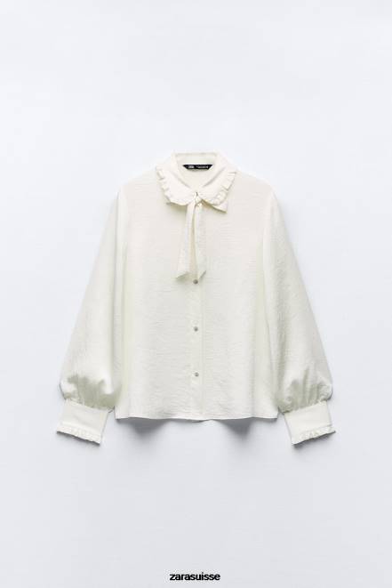 Zara vêtements P66V328 femmes chemise à volants aspect froissé écru