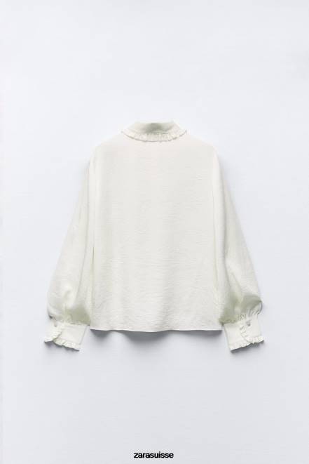 Zara vêtements P66V328 femmes chemise à volants aspect froissé écru