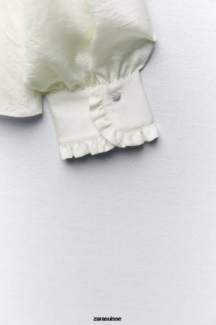 Zara vêtements P66V328 femmes chemise à volants aspect froissé écru