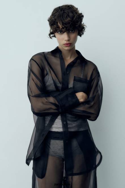 Zara vêtements P66V329 femmes chemise oversize en organza noir