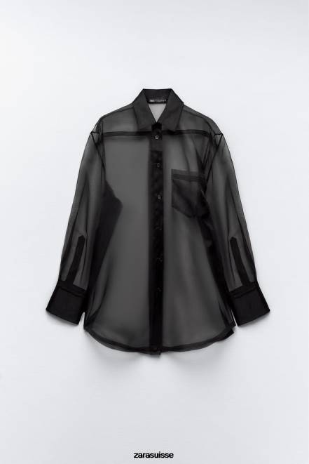 Zara vêtements P66V329 femmes chemise oversize en organza noir