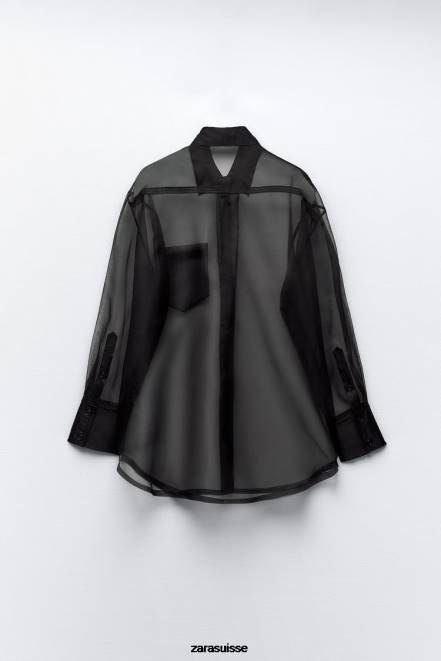Zara vêtements P66V329 femmes chemise oversize en organza noir