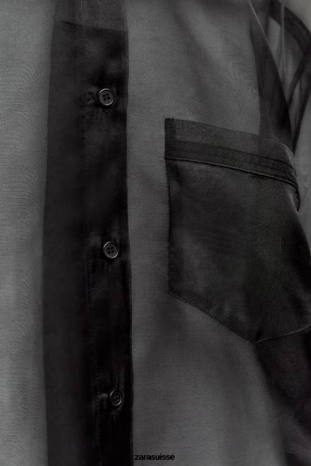 Zara vêtements P66V329 femmes chemise oversize en organza noir